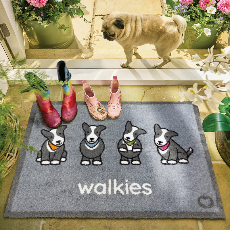 Walkies Herdy Washable Doormat made from 100% recycled cotton, featuring four Herdys. 