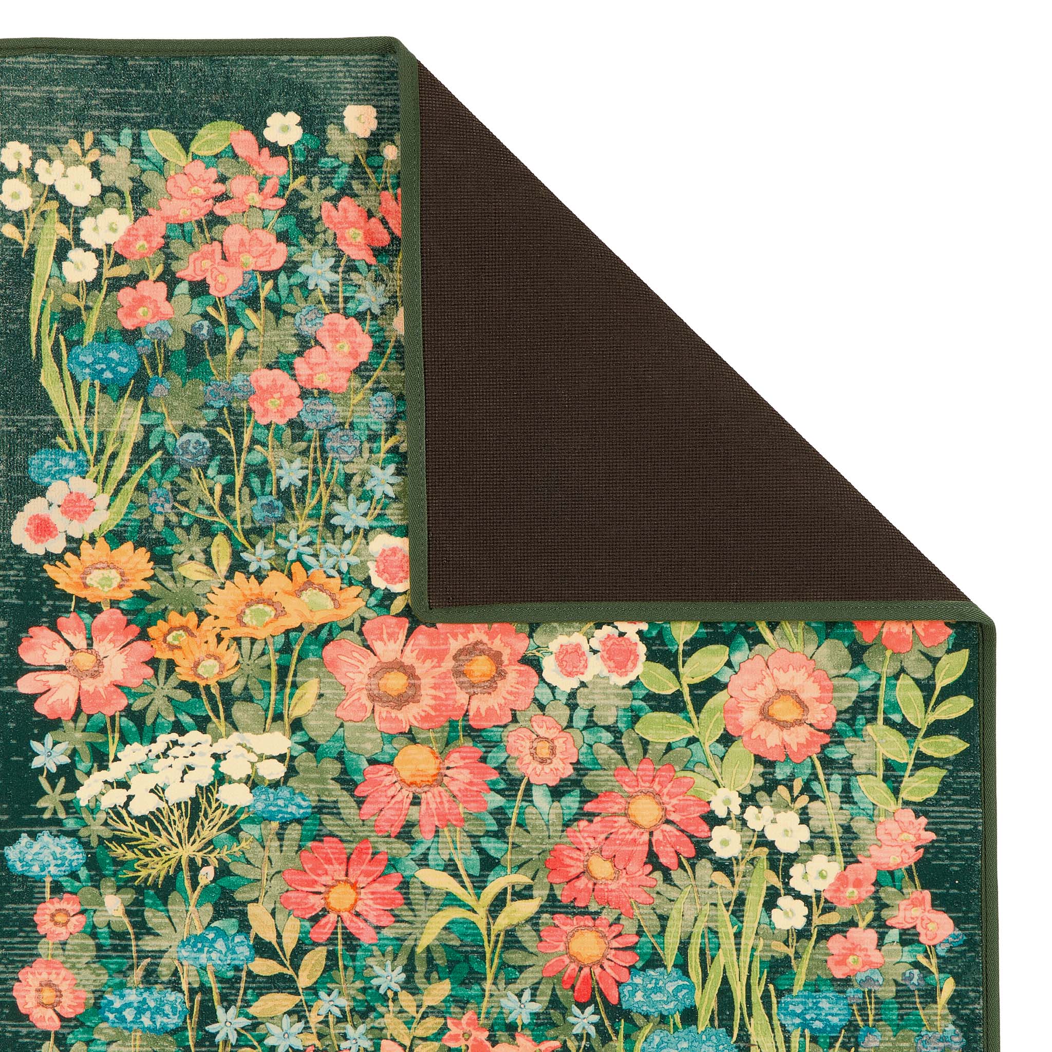 Close-up of Wallflower Emerald Eco-Washable Runner in Green showing backing.