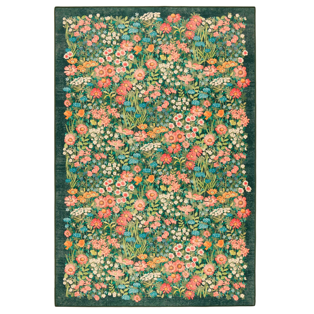 Wallflower Emerald Eco-Washable Runner in Green with a floral design.
