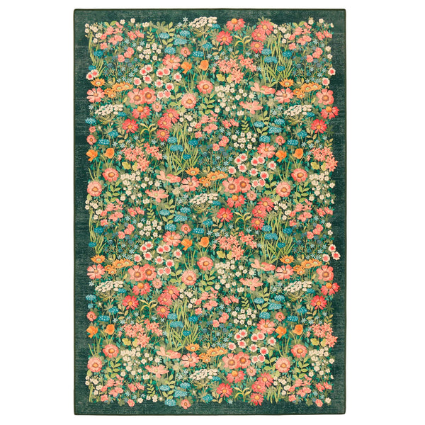 Wallflower Emerald Eco-Washable Runner in Green with a floral design.