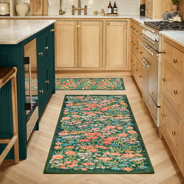 Wallflower Emerald Eco-Washable Runner in Green with a floral design, styled in a kitchen.