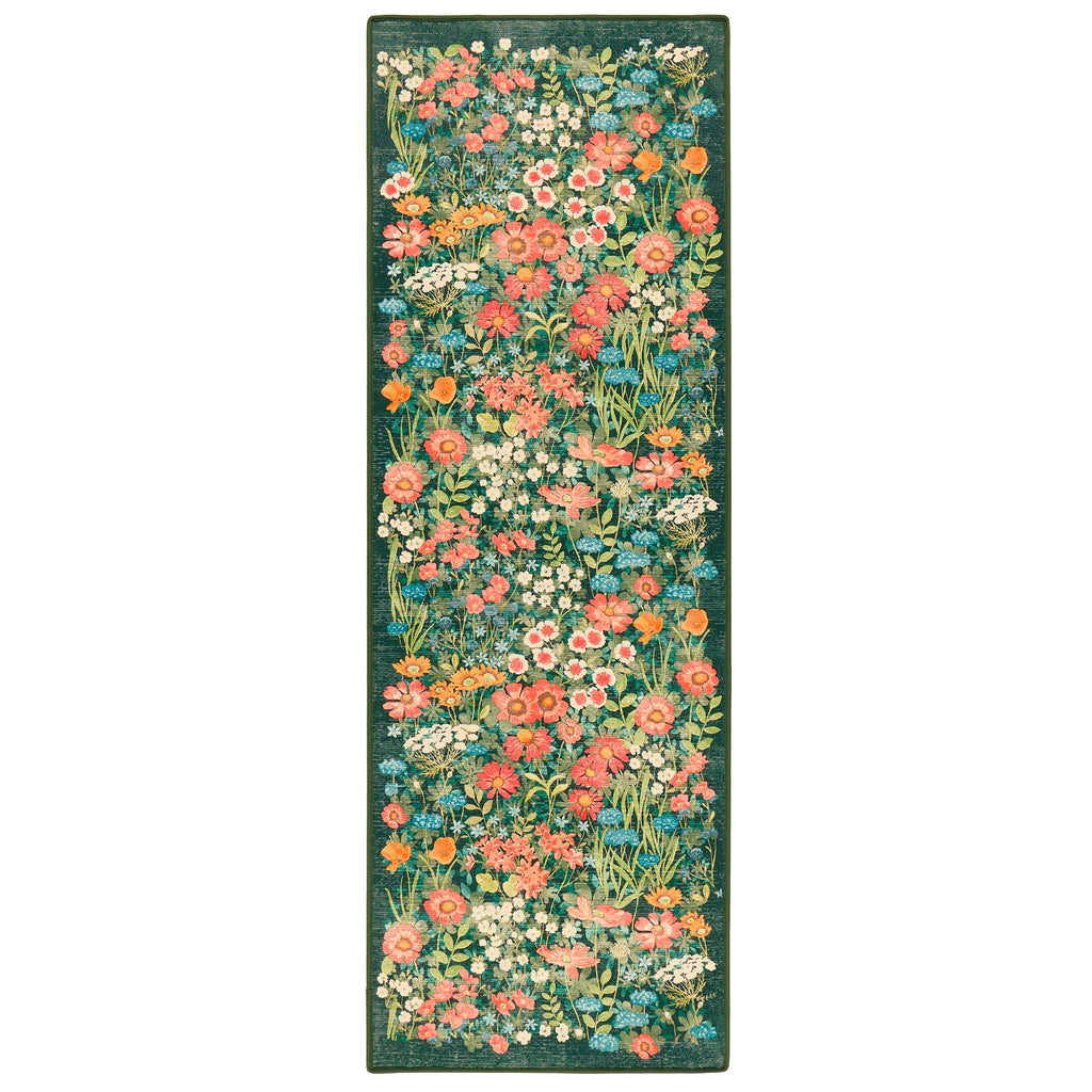 Wallflower Emerald Eco-Washable Runner in Green with a floral design.