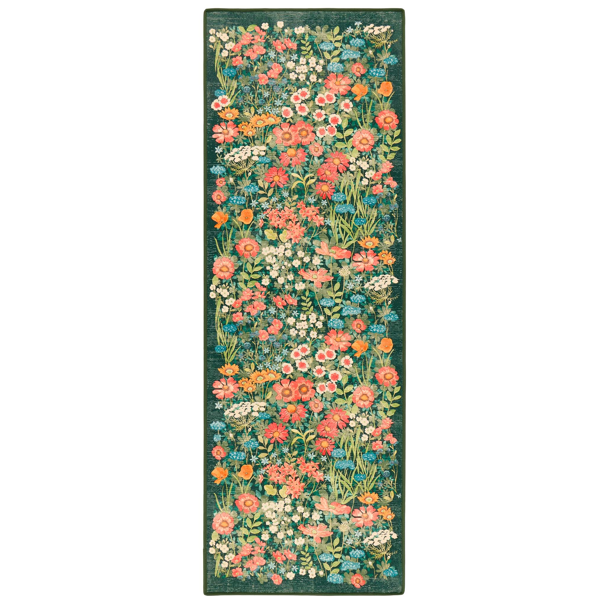 Wallflower Emerald Eco-Washable Runner in Green with a floral design.