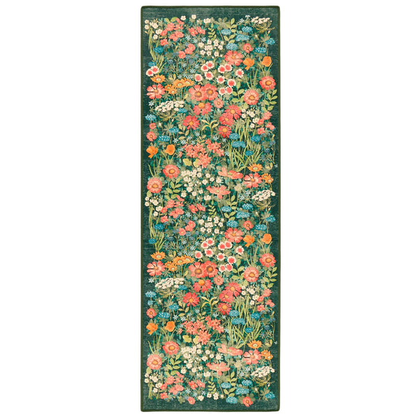 Wallflower Emerald Eco-Washable Runner in Green with a floral design.