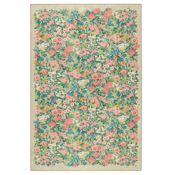 Wallflower Sage Eco-Washbale Rug in Green with a floral design.