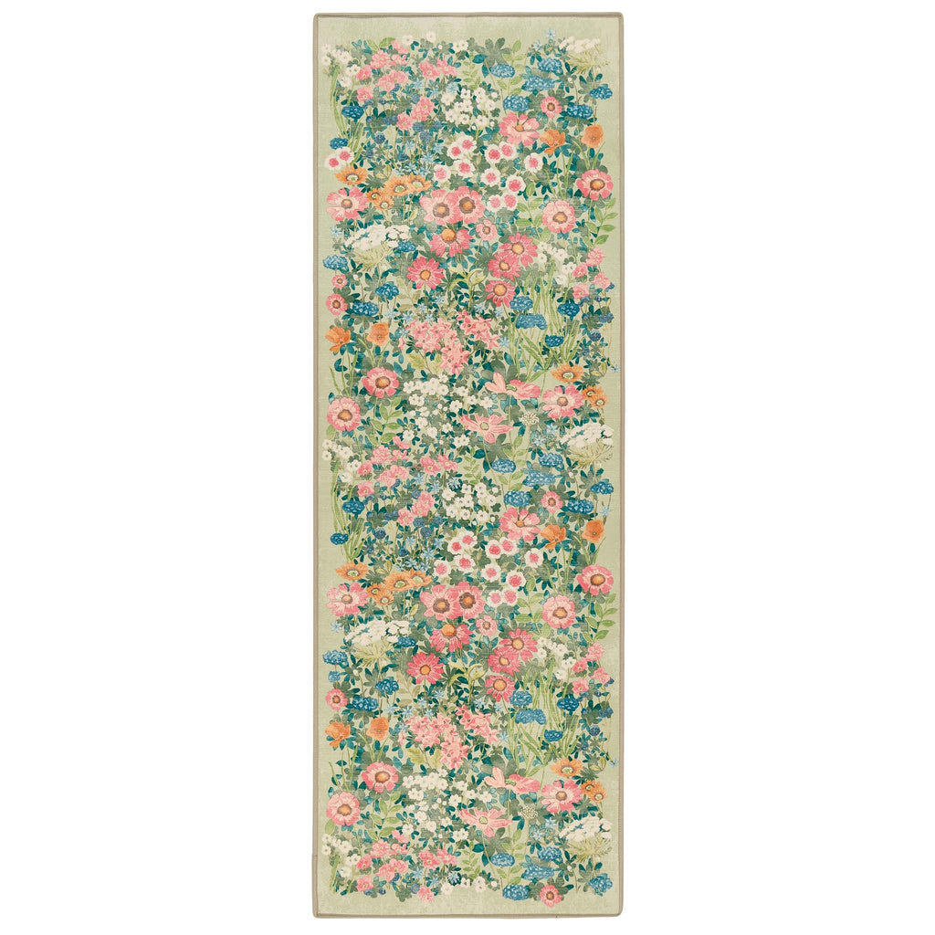 Wallflower Sage Eco-Washable Runner in Green with a floral design.