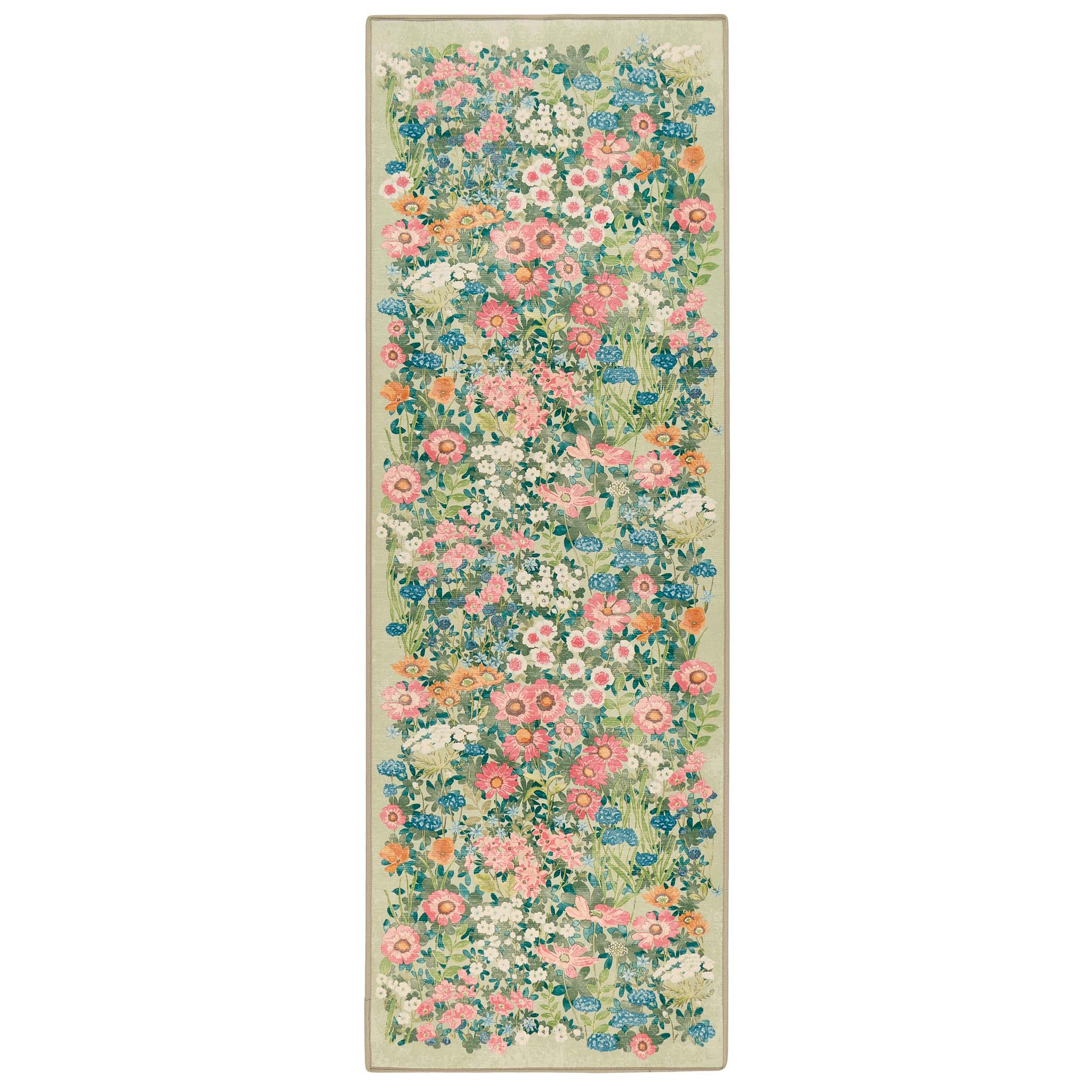 Wallflower Sage Eco-Washable Runner in Green with a floral design.