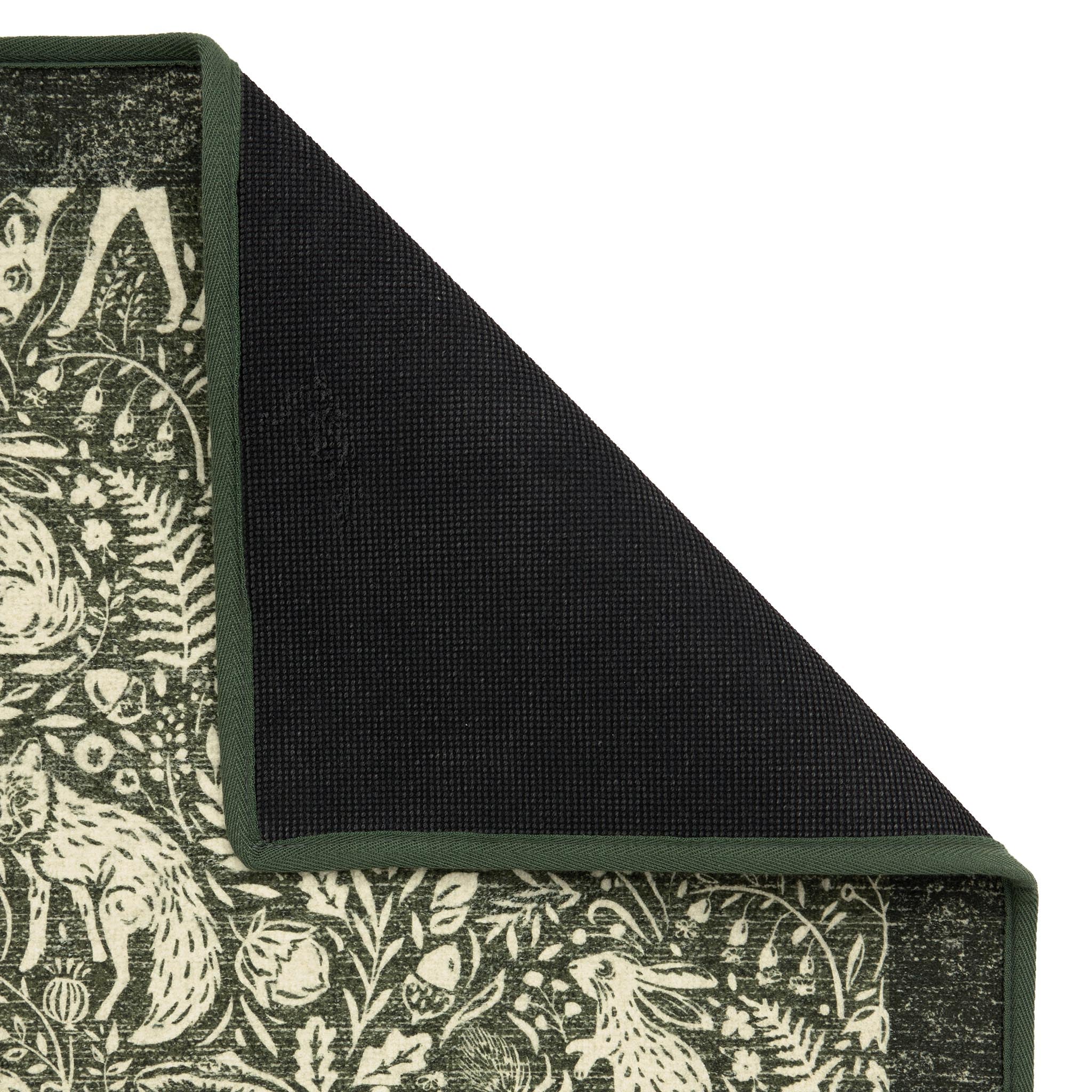 Whimsical Woodland Eco-Washable Rug – a green eco-washable rug featuring white woodland animals and white florals.