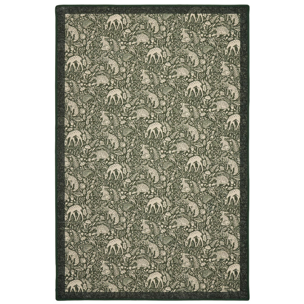 Whimsical Woodland Eco-Washable Rug – a green eco-washable rug featuring white woodland animals and white florals.