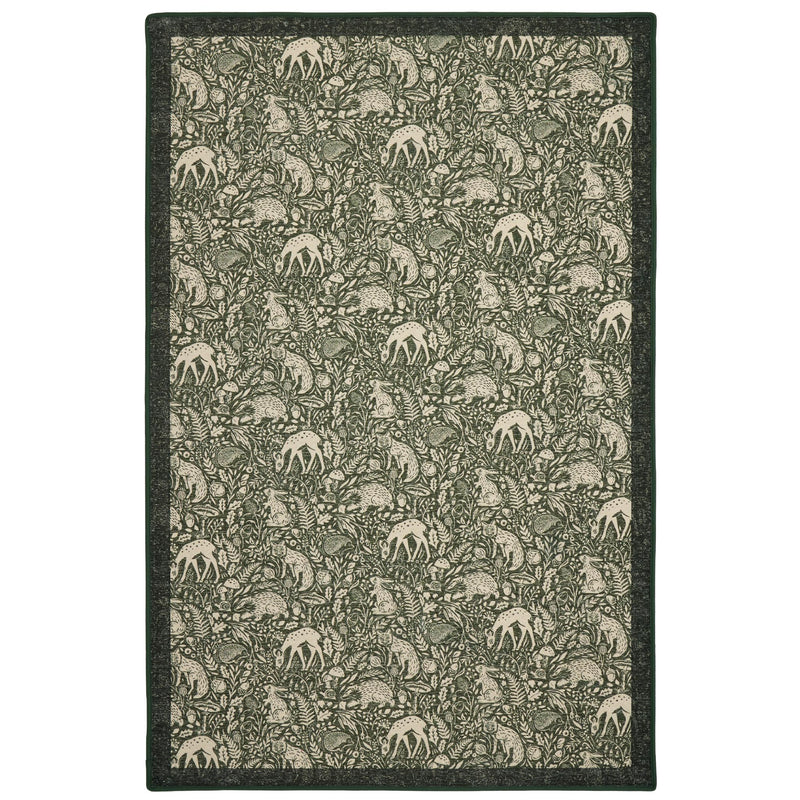 Whimsical Woodland Green Eco-Washable Rug made from 100% recycled materials. featuring a woodland design.