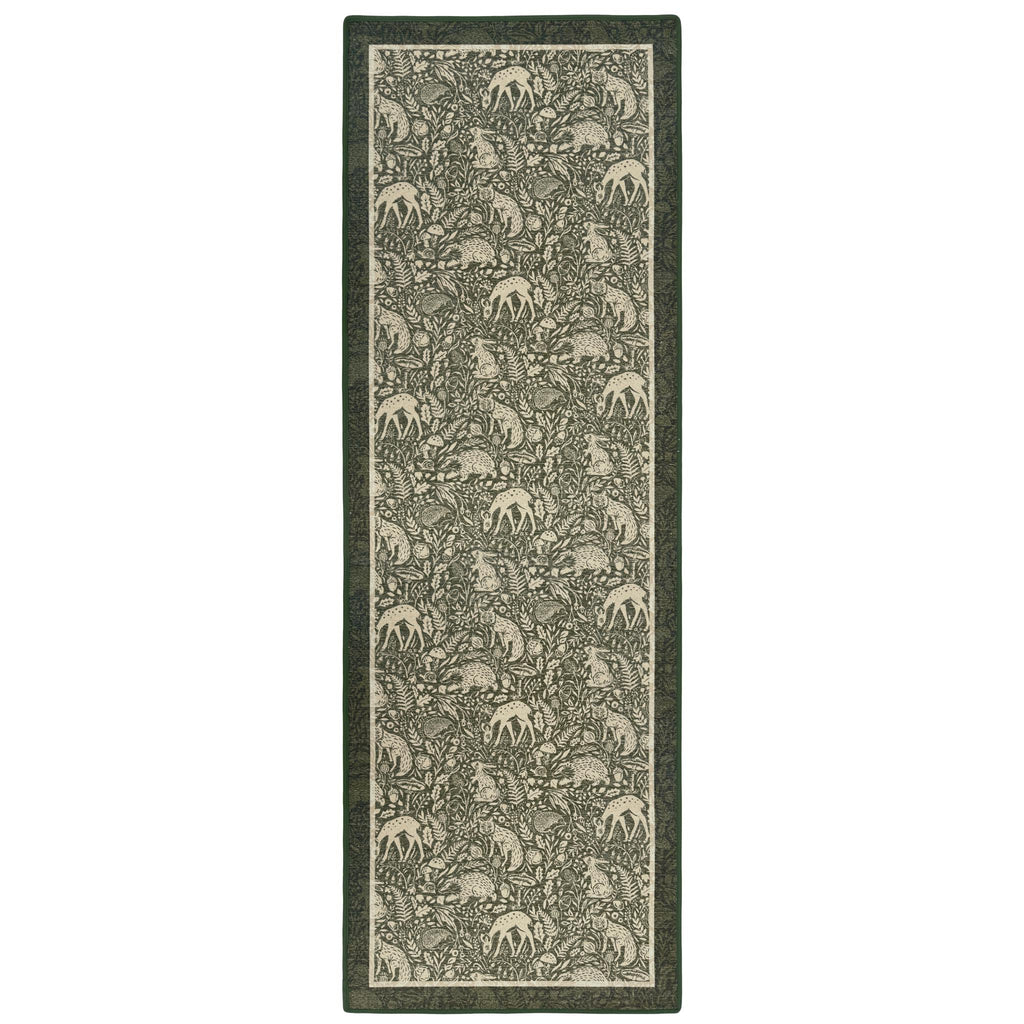 Whimsical Woodland Eco-Washable Runner – a green eco-washable runner featuring white woodland animals and white florals.