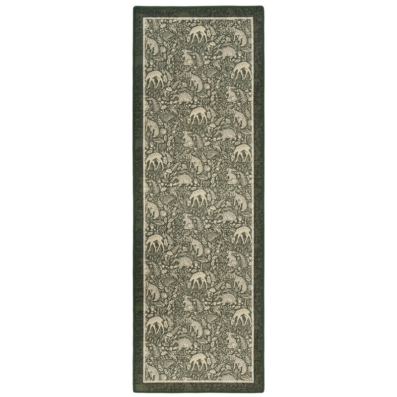 Whimsical Woodland Eco-Washable Runner – a green eco-washable runner featuring white woodland animals and white florals.
