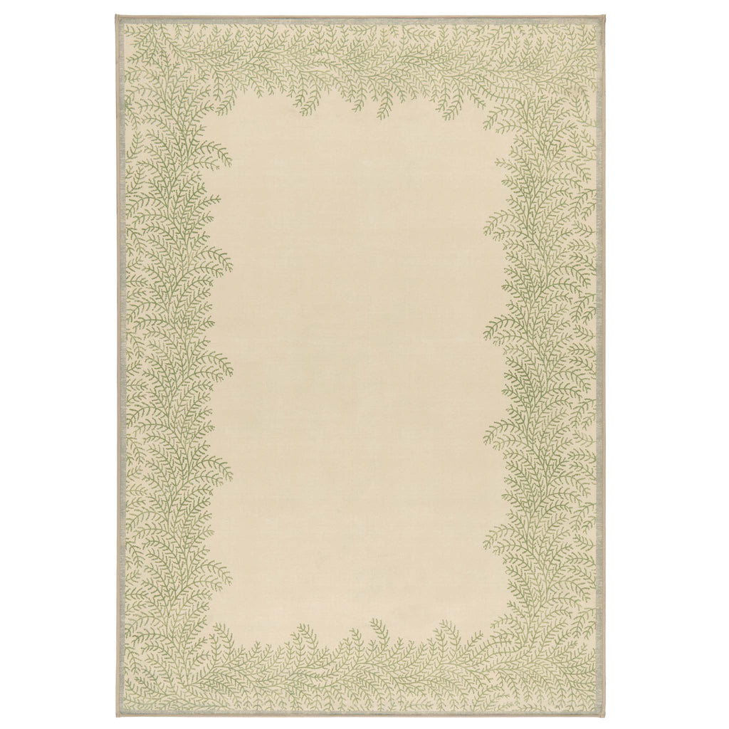 Whispering Fern Parchment Eco-Washable Rug with a fern leaf border design.