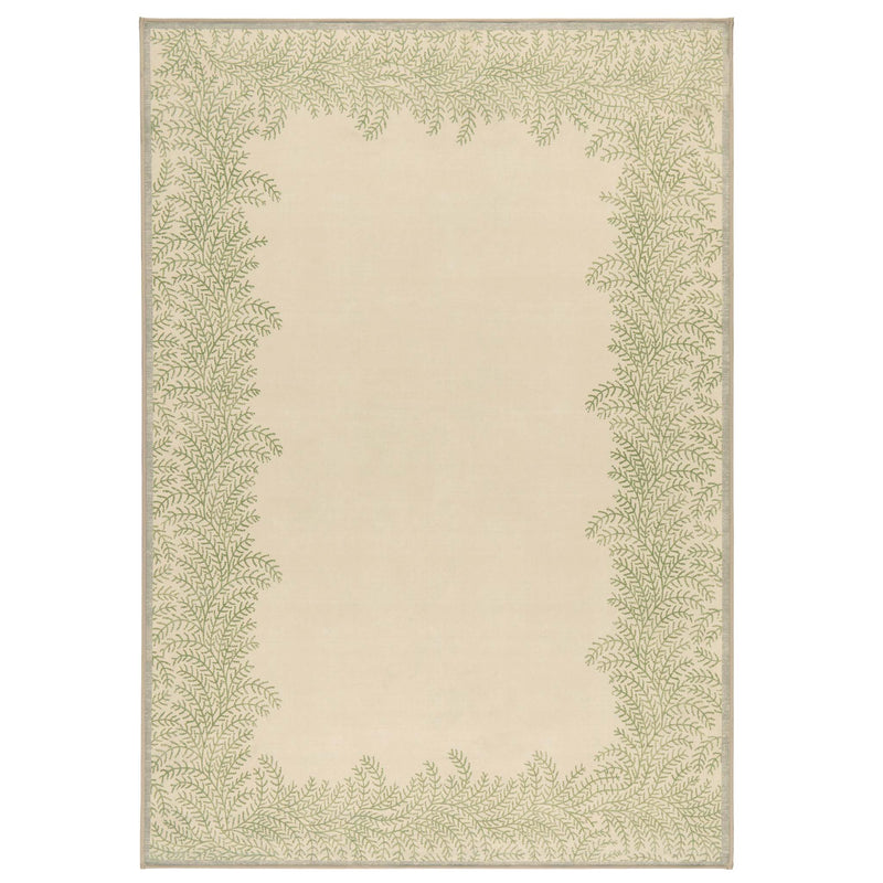 Whispering Fern Parchment Eco-Washable Rug with a fern leaf border design.