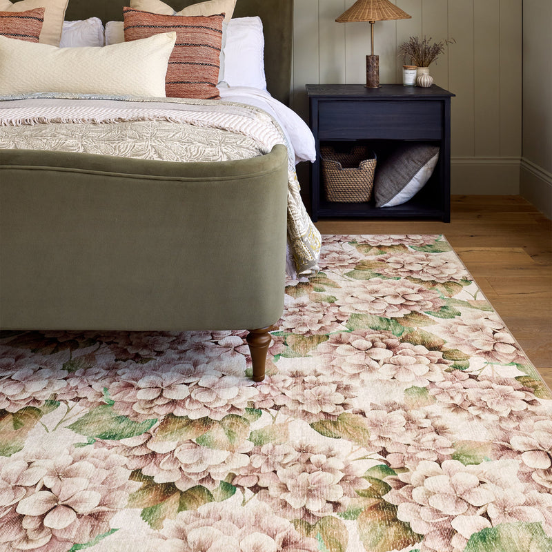 Wild hydrangea Eco Washable Rug made from 100% recycled materials, featuring oversized hydrangeas. 