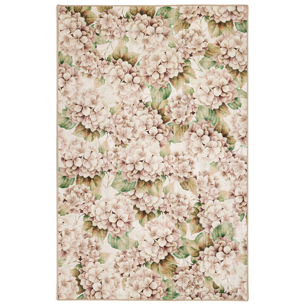 Floral patterned rug with pink hydrangea flowers and green leaves on a beige background