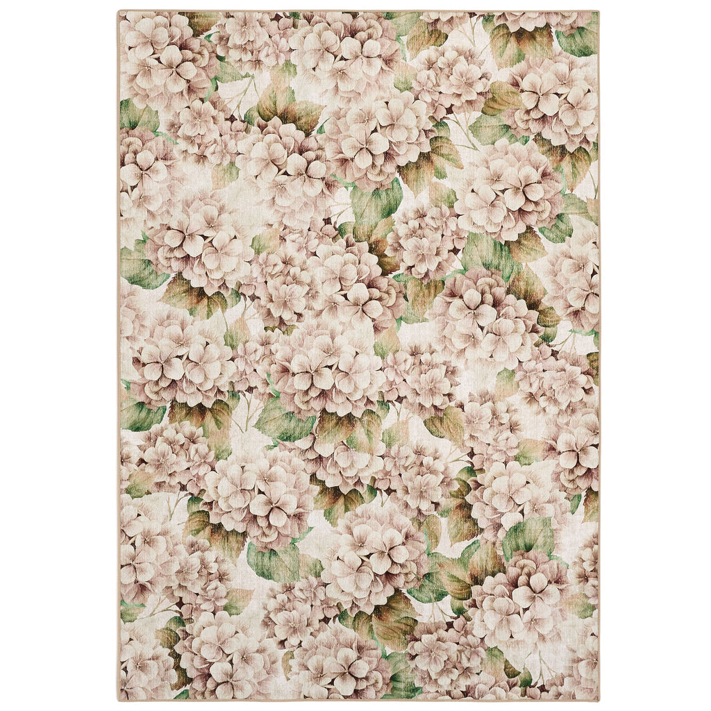 Floral patterned rug with pink hydrangea flowers and green leaves on a beige background