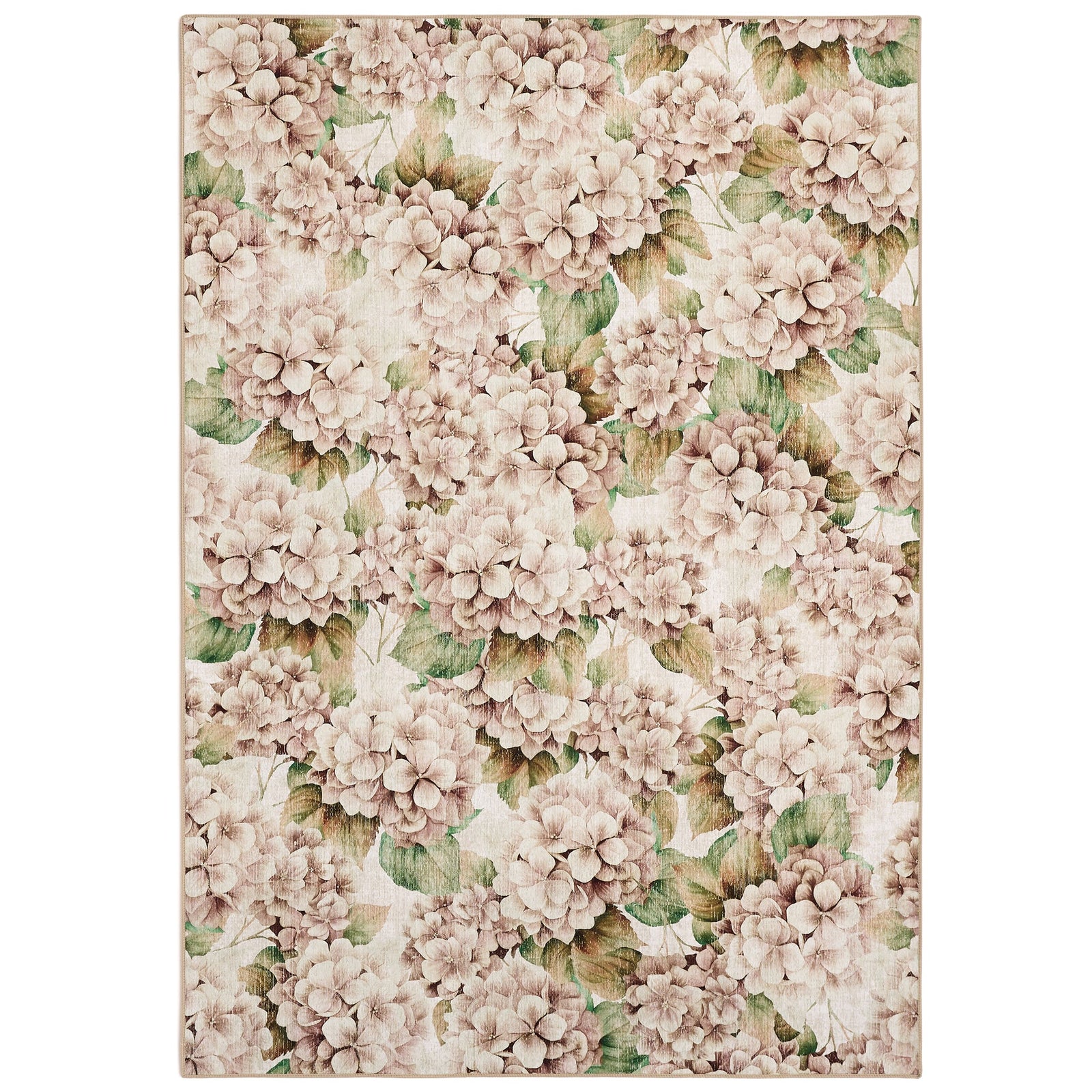 Wild hydrangea Eco Washable Rug made from 100% recycled materials, featuring oversized hydrangeas. 