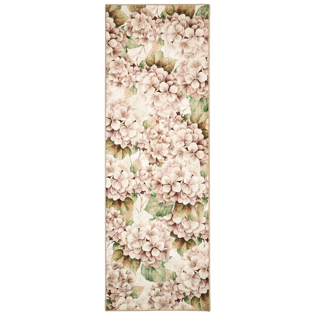 Floral patterned runner with pink hydrangea flowers and green leaves on a beige background