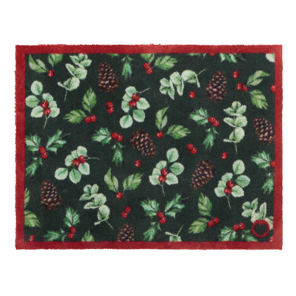 Discover the Winter Berries Doormat- a cotton mat featuring pinecones, red berries and holly leaves. 