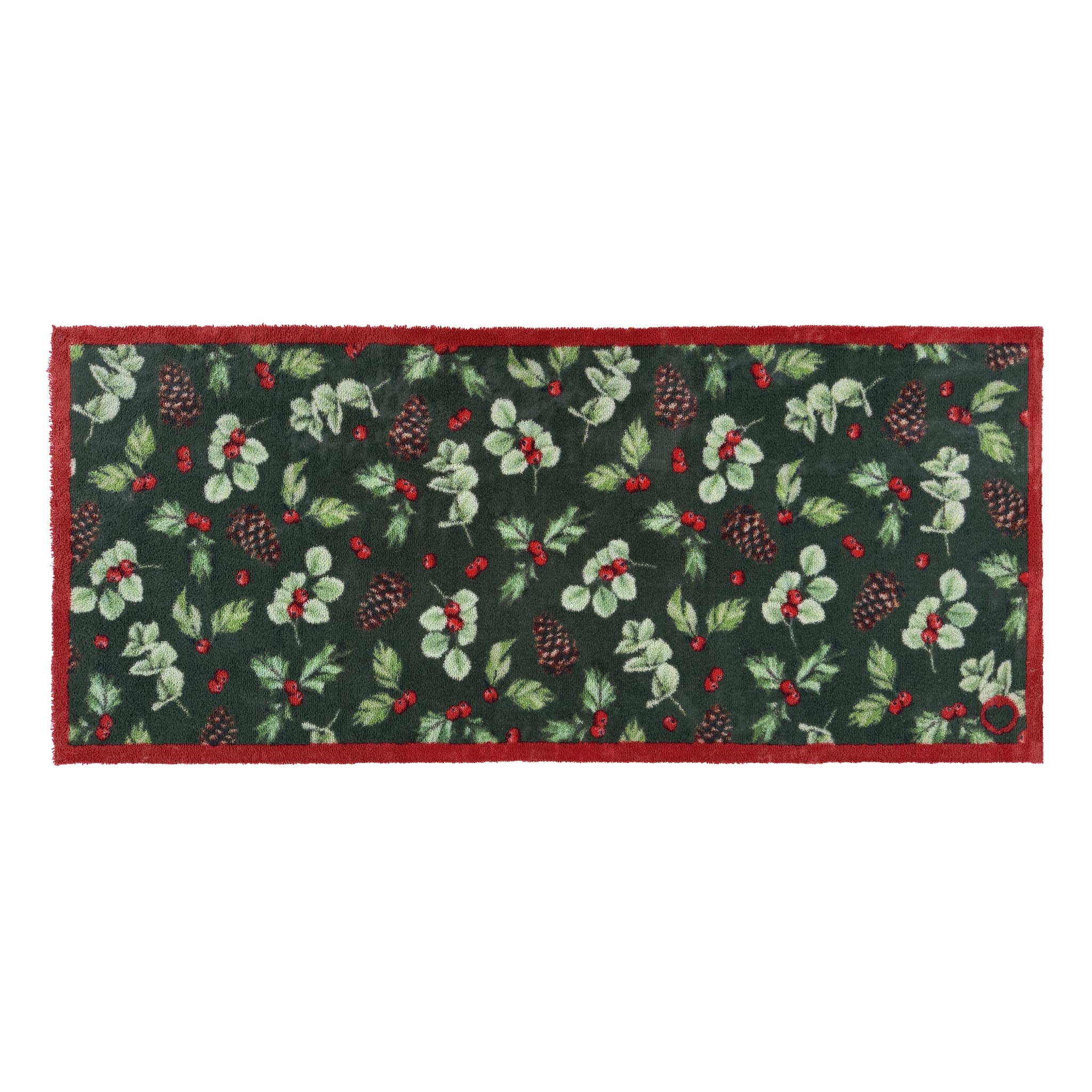 Discover the Winter Berries Runner- a cotton runner featuring pinecones, red berries and holly leaves. 