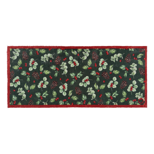 Winter Berries Washable Runner in green- a 100% recycled cotton runner featuring clusters of holly leaves, bright red berries, pinecones, and soft eucalyptus accents.