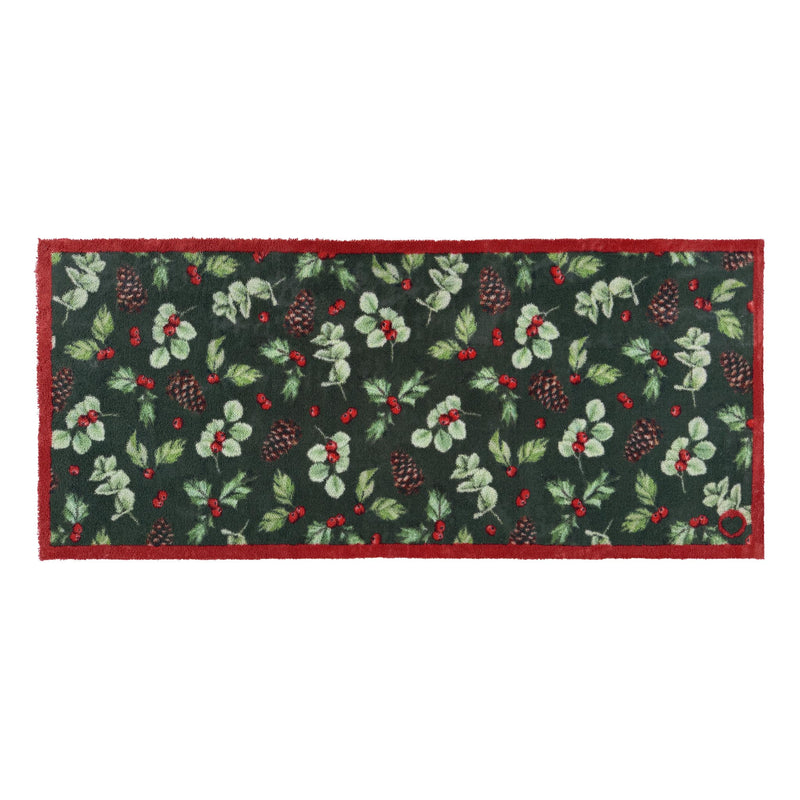 Winter Berries Washable Runner in green- a 100% recycled cotton runner featuring clusters of holly leaves, bright red berries, pinecones, and soft eucalyptus accents.