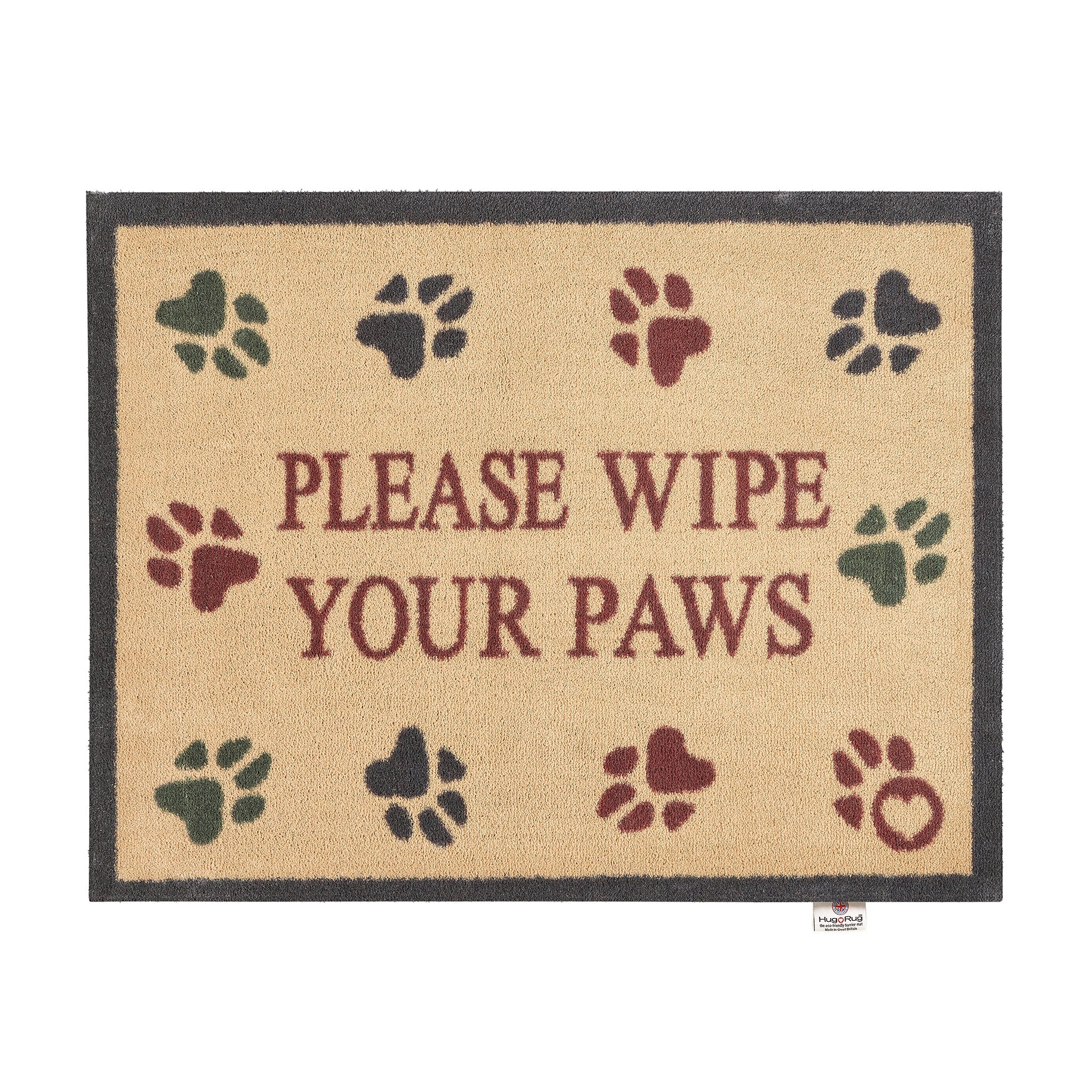 Wipe Your Paws Beige Washable Doormat made from 100% recycled cotton, featuring a paw print pattern. 
