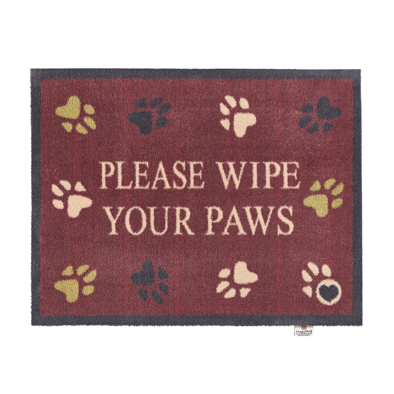 Hug Rug Burgundy Wipe Your Paws Washable Doormat featuring beige text reading ‘Please Wipe Your Paws’ in capital letters. 