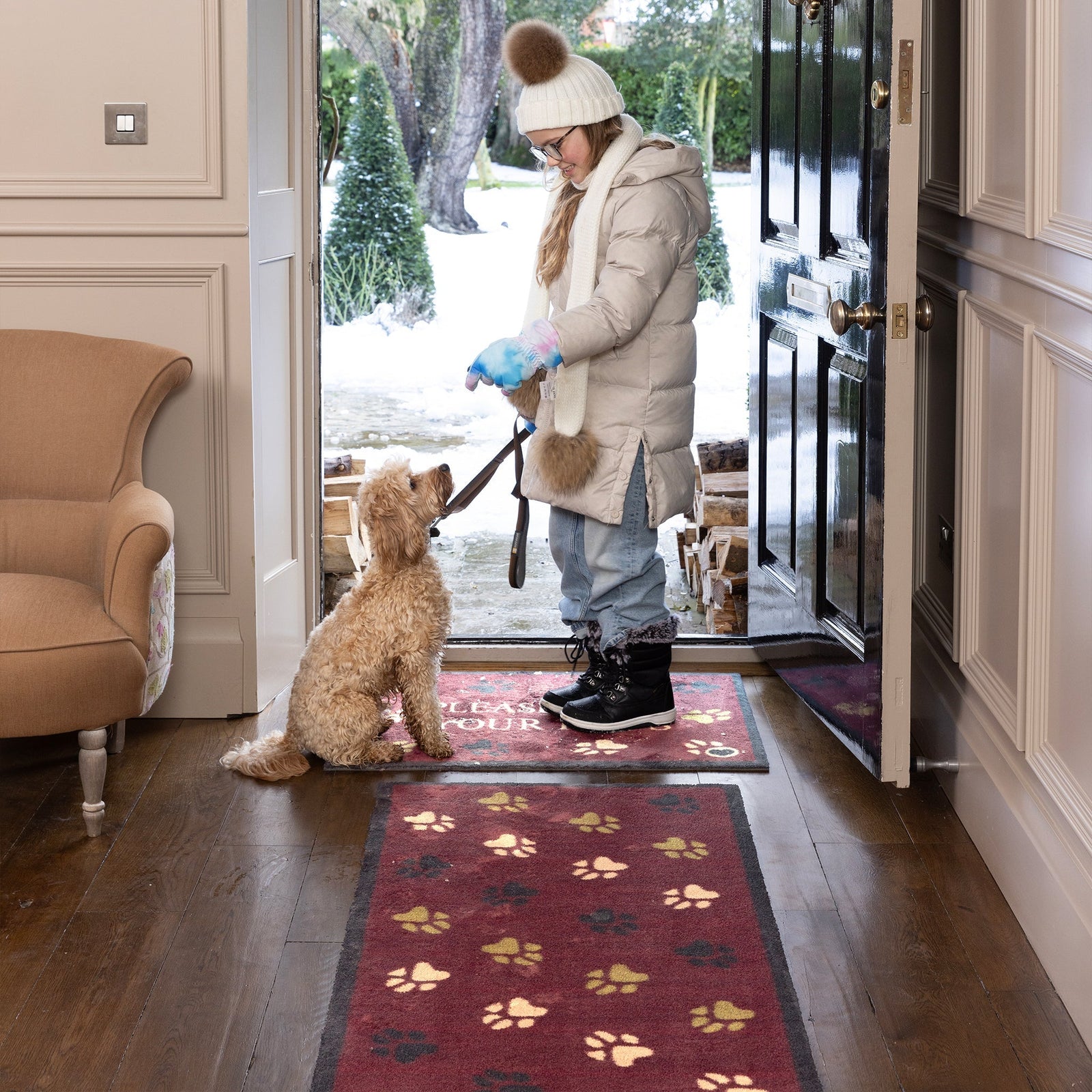  Wipe Your Paws Burgundy Runner in a dark red- a 100% recycled cotton runner featuring scattered paw prints in dark navy, light green, and beige. 