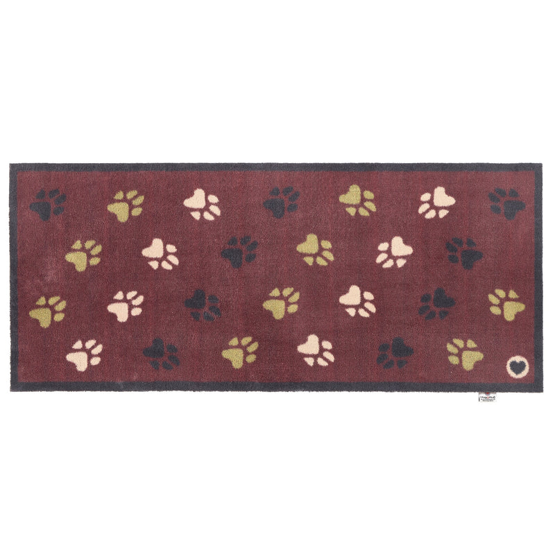  Wipe Your Paws Burgundy Runner in a dark red- a 100% recycled cotton runner featuring scattered paw prints in dark navy, light green, and beige. 