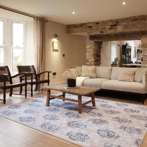 Woodblock Paisley Blue Eco-Washable Rug- 100% recycled content rug featuring a blue paisley pattern.