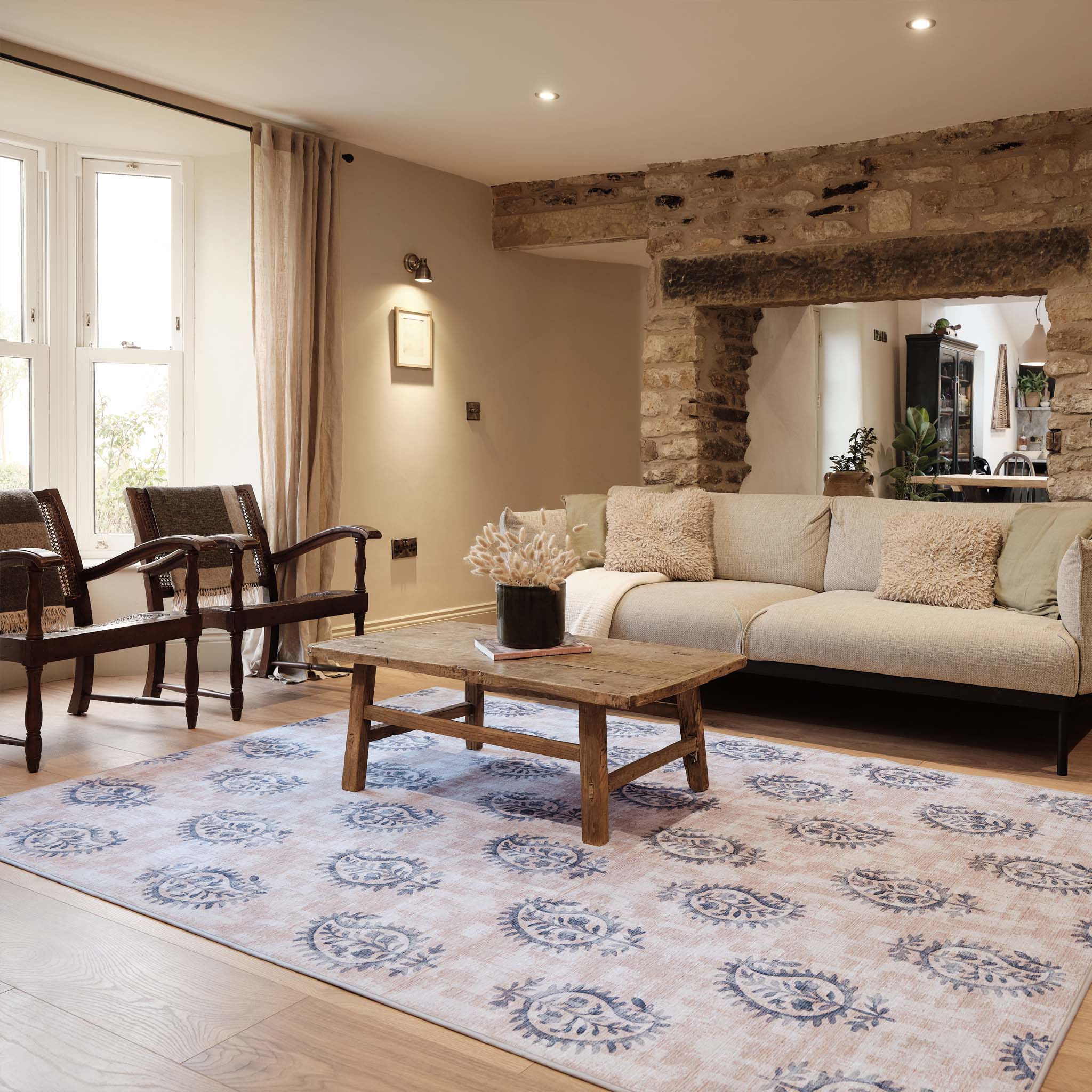 Woodblock Paisley Blue Eco-Washable Rug- 100% recycled content rug featuring a blue paisley pattern.