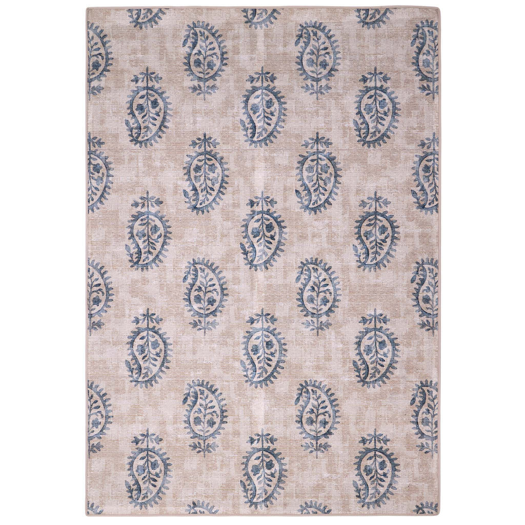 Woodblock Paisley Blue Eco-Washable Rug- 100% recycled content rug featuring a blue paisley pattern.
