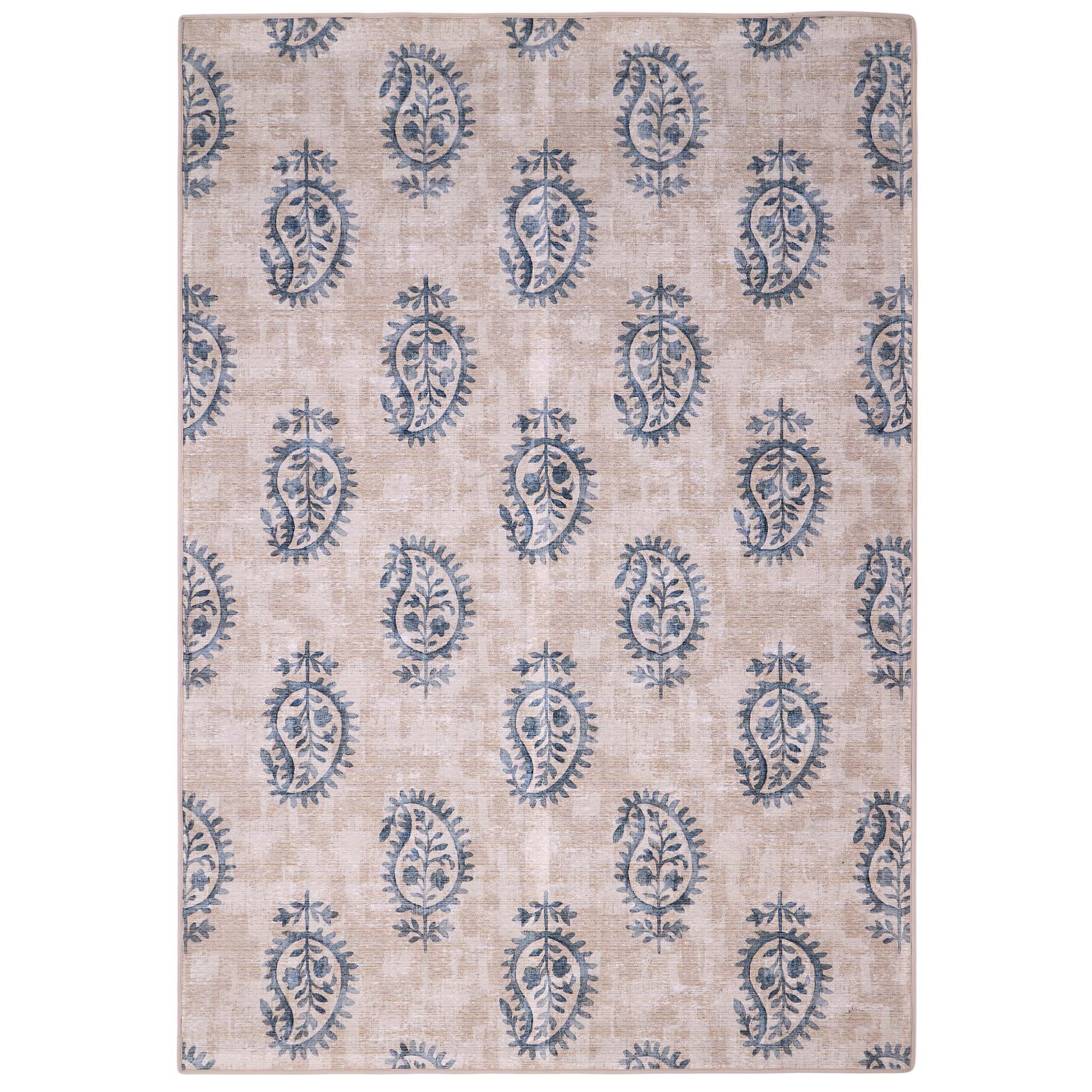 Woodblock Paisley Blue Eco-Washable Rug- 100% recycled content rug featuring a blue paisley pattern.