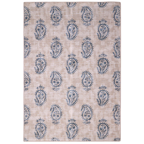 Woodblock Paisley Blue Eco-Washable Rug- 100% recycled content rug featuring a blue paisley pattern.