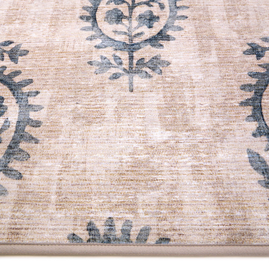 Woodblock Paisley Blue Runner Eco-Washable Rug Runner- 100% recycled content runner featuring a blue paisley pattern.