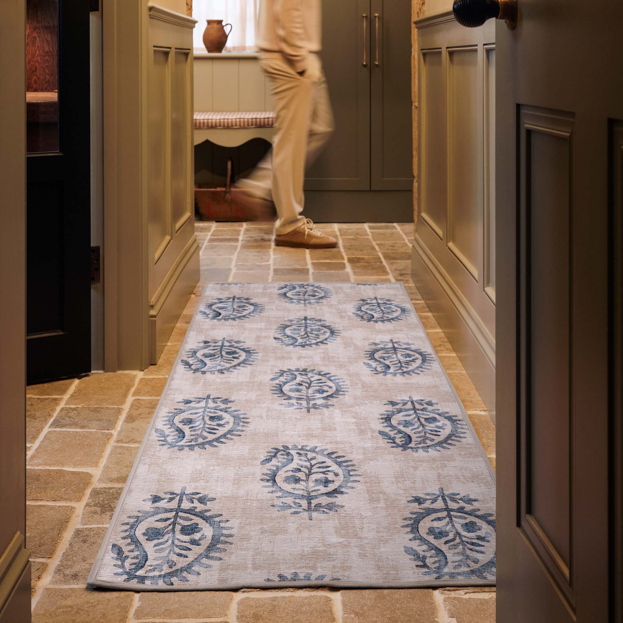 Woodblock Paisley Blue Runner Eco-Washable Rug Runner- 100% recycled content runner featuring a blue paisley pattern.