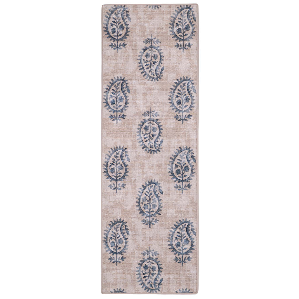 Woodblock Paisley Blue Runner Eco-Washable Rug Runner- 100% recycled content runner featuring a blue paisley pattern.