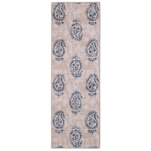 Woodblock Paisley Blue Runner Eco-Washable Rug Runner- 100% recycled content runner featuring a blue paisley pattern.