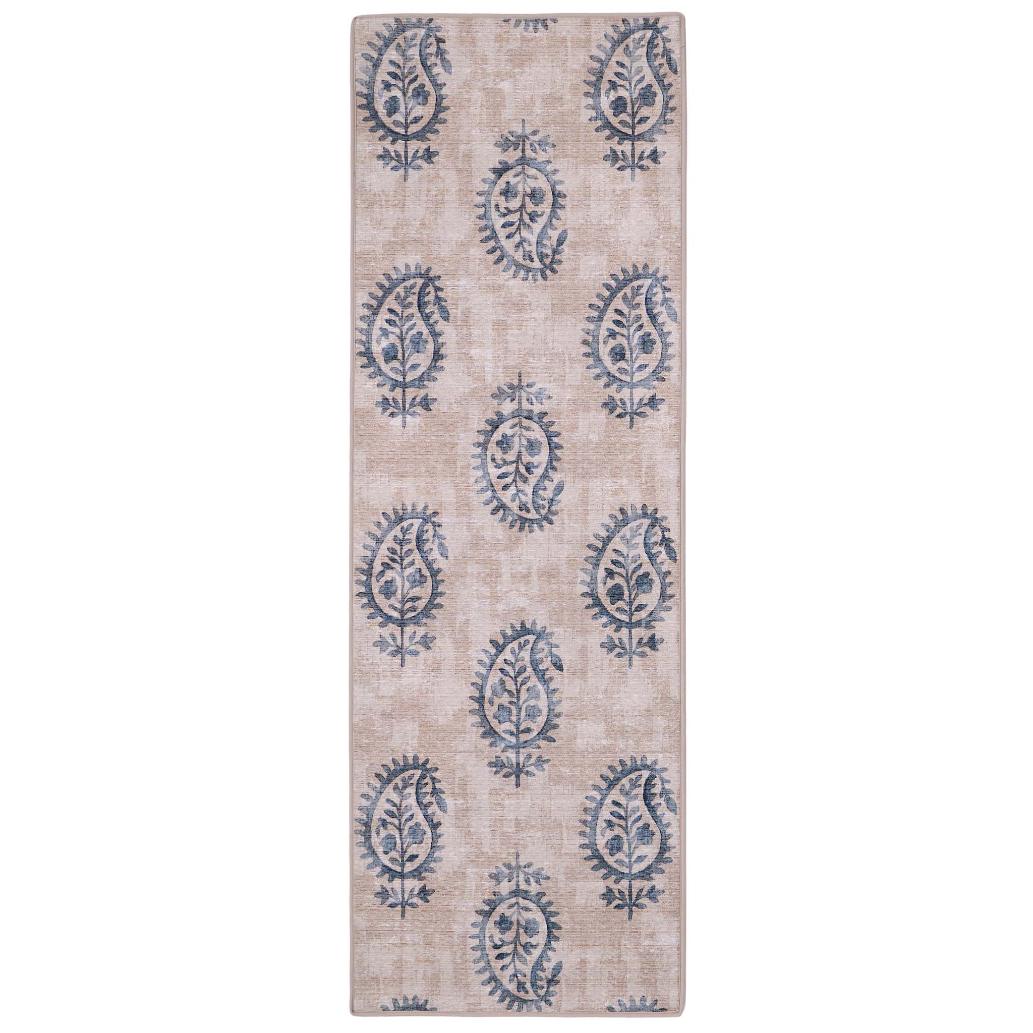 Woodblock Paisley Blue Runner Eco-Washable Rug Runner- 100% recycled content runner featuring a blue paisley pattern.
