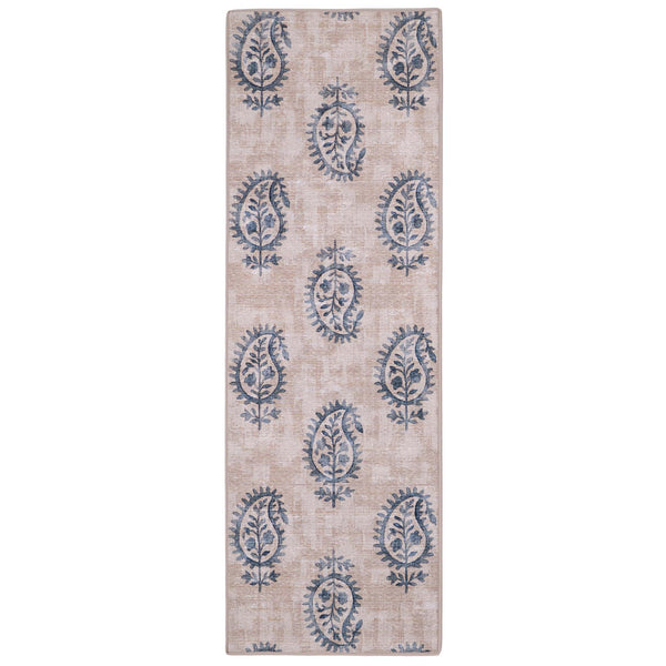 Woodblock Paisley Blue Runner Eco-Washable Rug Runner- 100% recycled content runner featuring a blue paisley pattern.