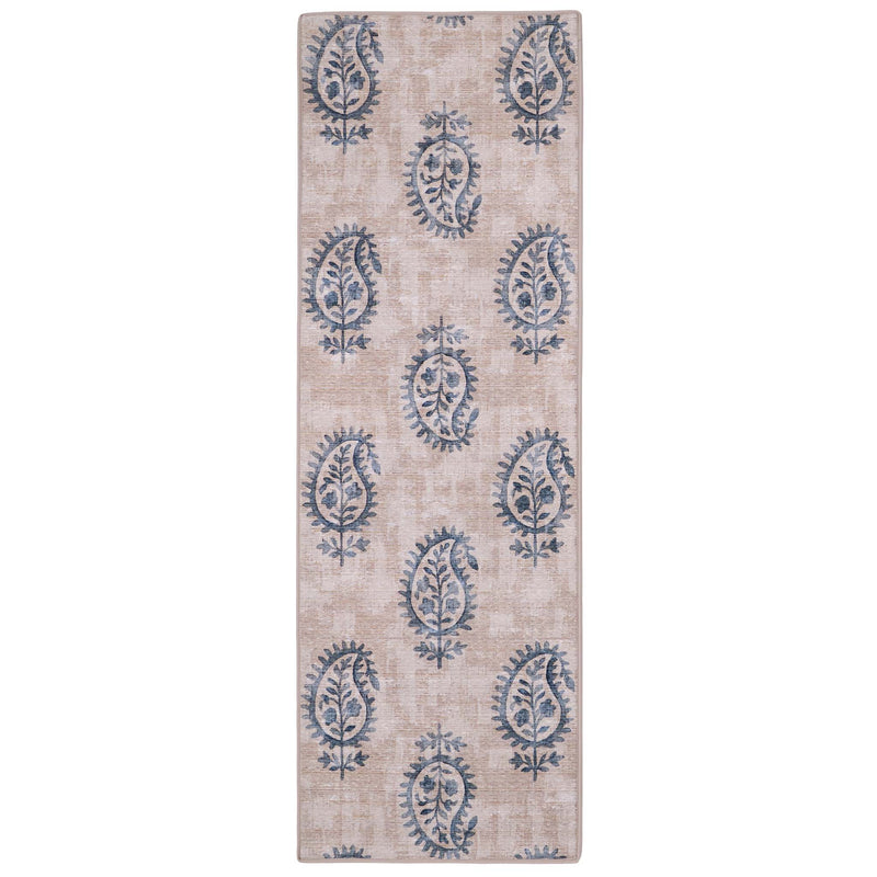 Woodblock Paisley Blue Runner Eco-Washable Rug Runner- 100% recycled content runner featuring a blue paisley pattern.