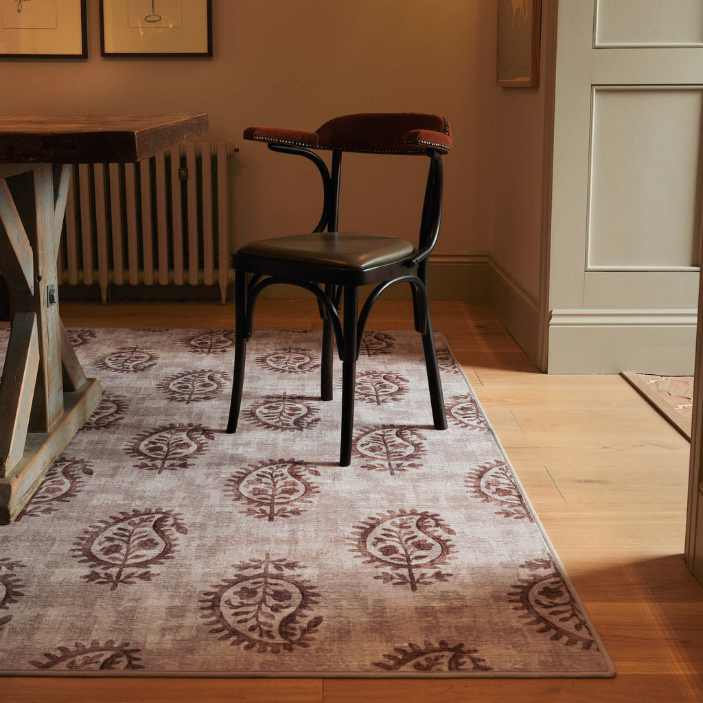 Woodblock Paisley Rust Eco-Washable Rug- 100% recycled content runner featuring a rust paisley pattern.