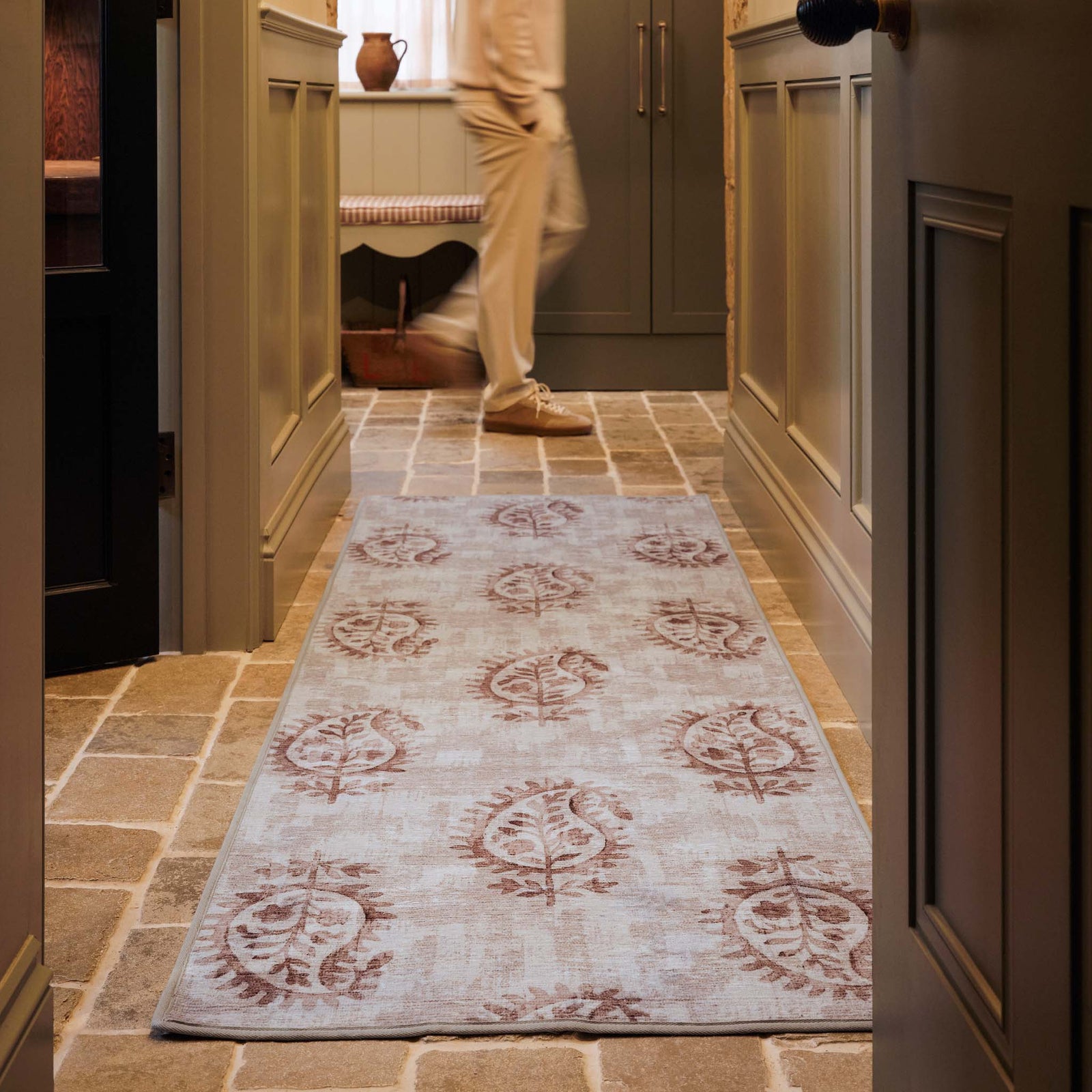 Woodblock Paisley Rust Eco-Washable Rug Runner- 100% recycled content runner featuring a rust paisley pattern.