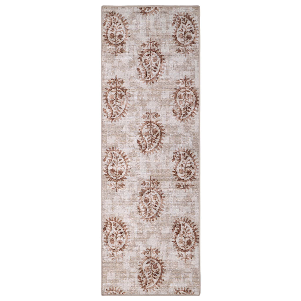 Woodblock Paisley Rust Eco-Washable Rug Runner- 100% recycled content runner featuring a rust paisley pattern.