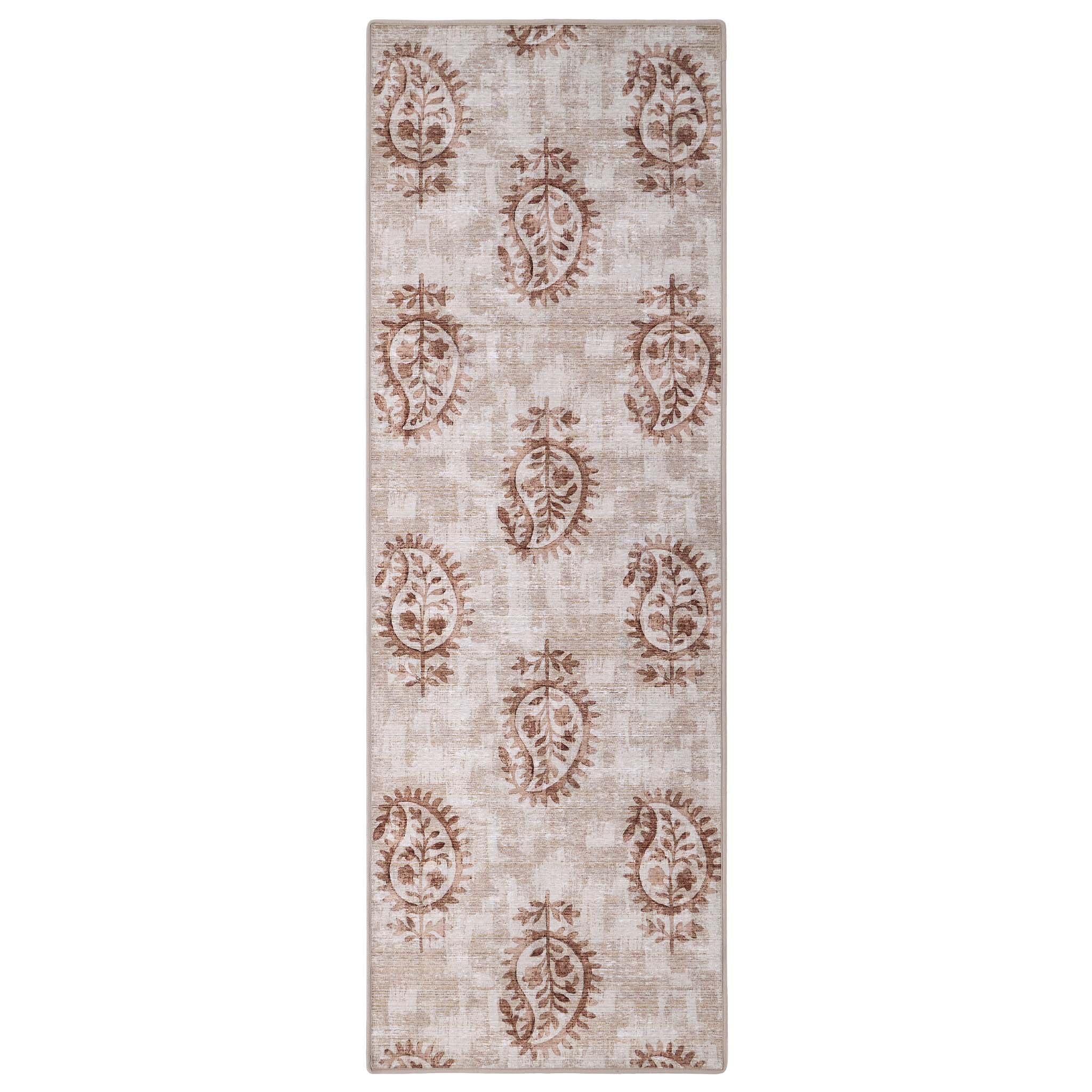 Woodblock Paisley Rust Eco-Washable Rug Runner- 100% recycled content runner featuring a rust paisley pattern.