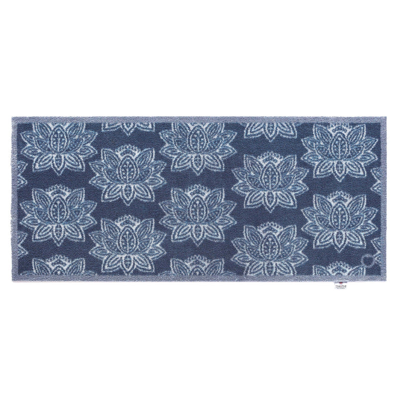 Woodblock 1 Navy Runner in navy- a 100% recycled cotton runner featuring a white and navy heritage pattern.