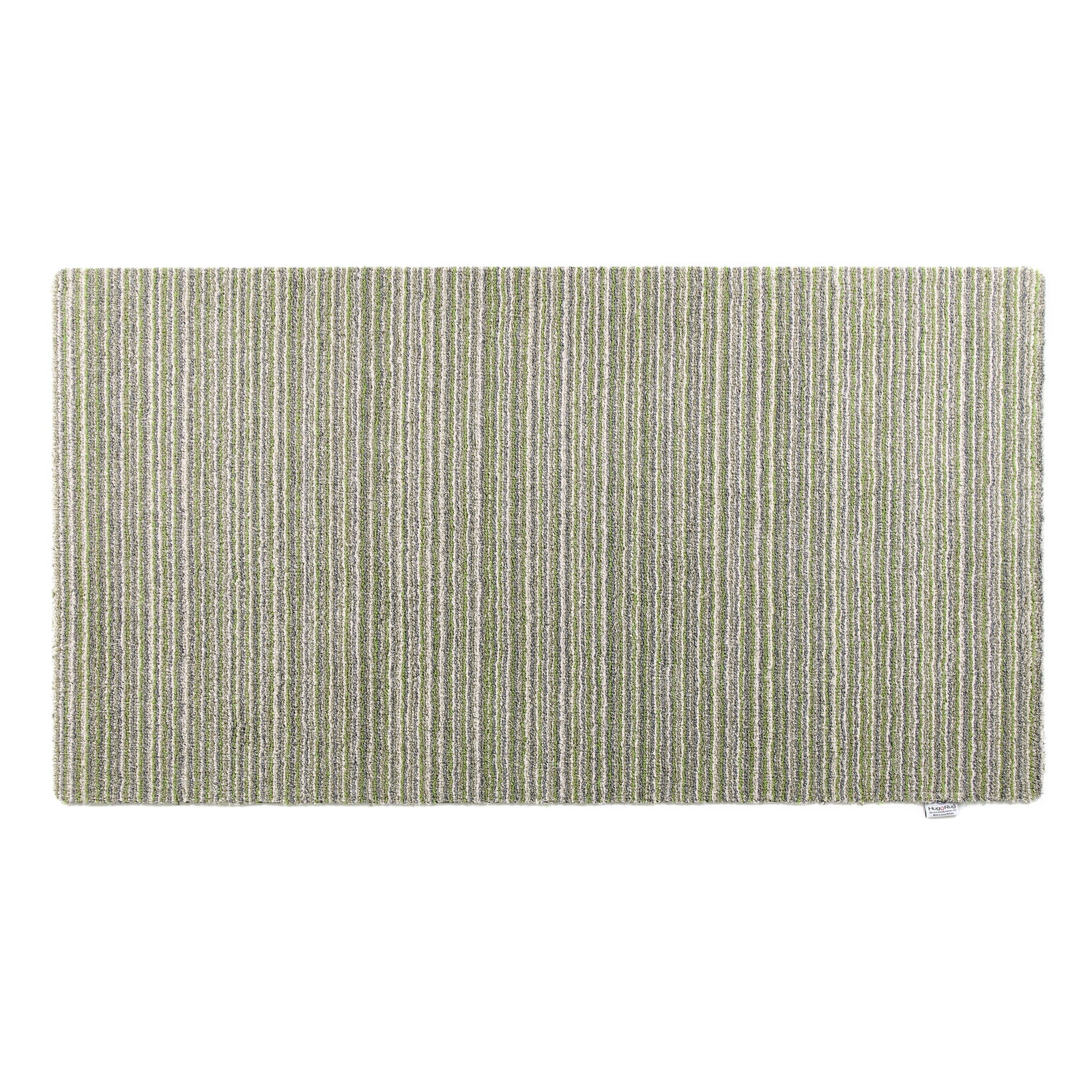  Candy Green Stripe Washable Runner- a 100% recycled material runner in shades of green, white, and grey. 