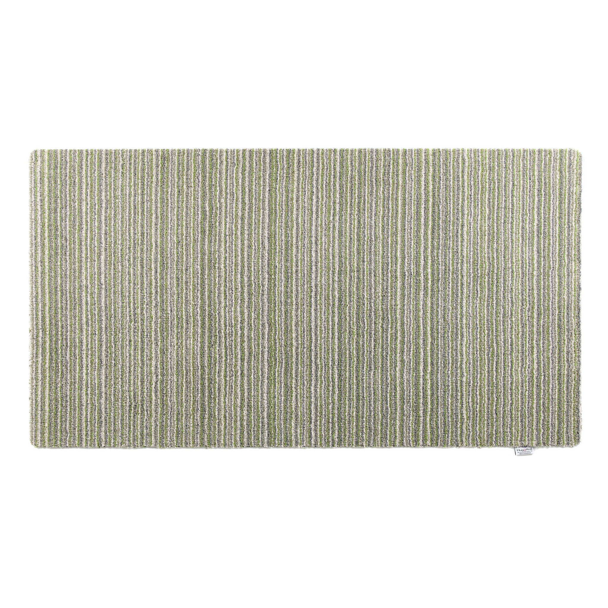  Candy Green Stripe Washable Runner- a 100% recycled material runner in shades of green, white, and grey. 